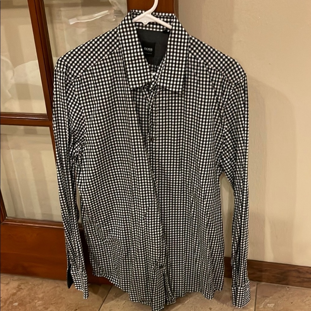 Hugo Boss Men's Black and White Checkered Shirt